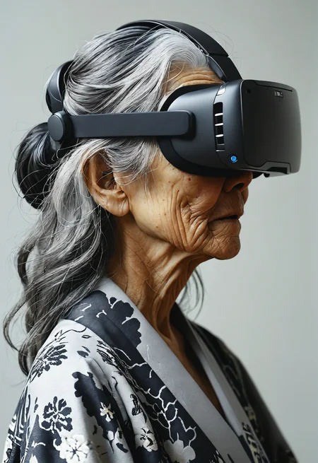 old woman, black and grey long hair, wearing vr, Shigeo Fukuda <lora:MJ52:0.5> <lora:add-detail-xl:1> <lora:Photoreal:1>