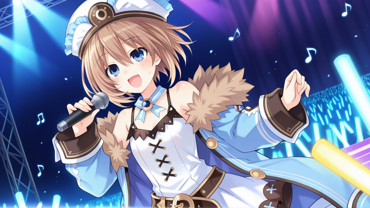 singing, sweat, wet, holding, micro, holding micro, scene, stage, music, concert, fans, smile, open mouth, notes, musical notes, idol concert, idol song, glowstick, lights, happy, sweatdrop,, masterpiece, best quality, amazing quality, very aesthetic, absurdres, newest, anime screencap, blanc (neptunia), blue eyes, blush, flat chest, brown hair, short hair, tsunako, bare shoulders, belt, fur trim, fur-trimmed coat, brooch, cross-laced clothes, frills, frilled hat, open clothes, open jacket, jacket, jewelry, loose belt, neck ribbon, off shoulder, coat, white dress,