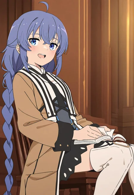 masterpiece, best quality, newest, absurdres, highres, detailed eyes, beautiful, detailed background, perfect eyes, anime coloring, 1girl, solo, petite, roxy migurdia, blue hair, long hair, twin braids, hair between eyes, ahoge, blue eyes, small breasts, RoxyMageC, brown robe, long sleeves, black neck ribbon, black skirt, black socks, white thigh boots, looking at viewer, smile, open mouth, (indoors, mansion, living room, sitting, wooden chair, holding book, open book, soft light), <lora:roxy_mskt_xl:0.8>