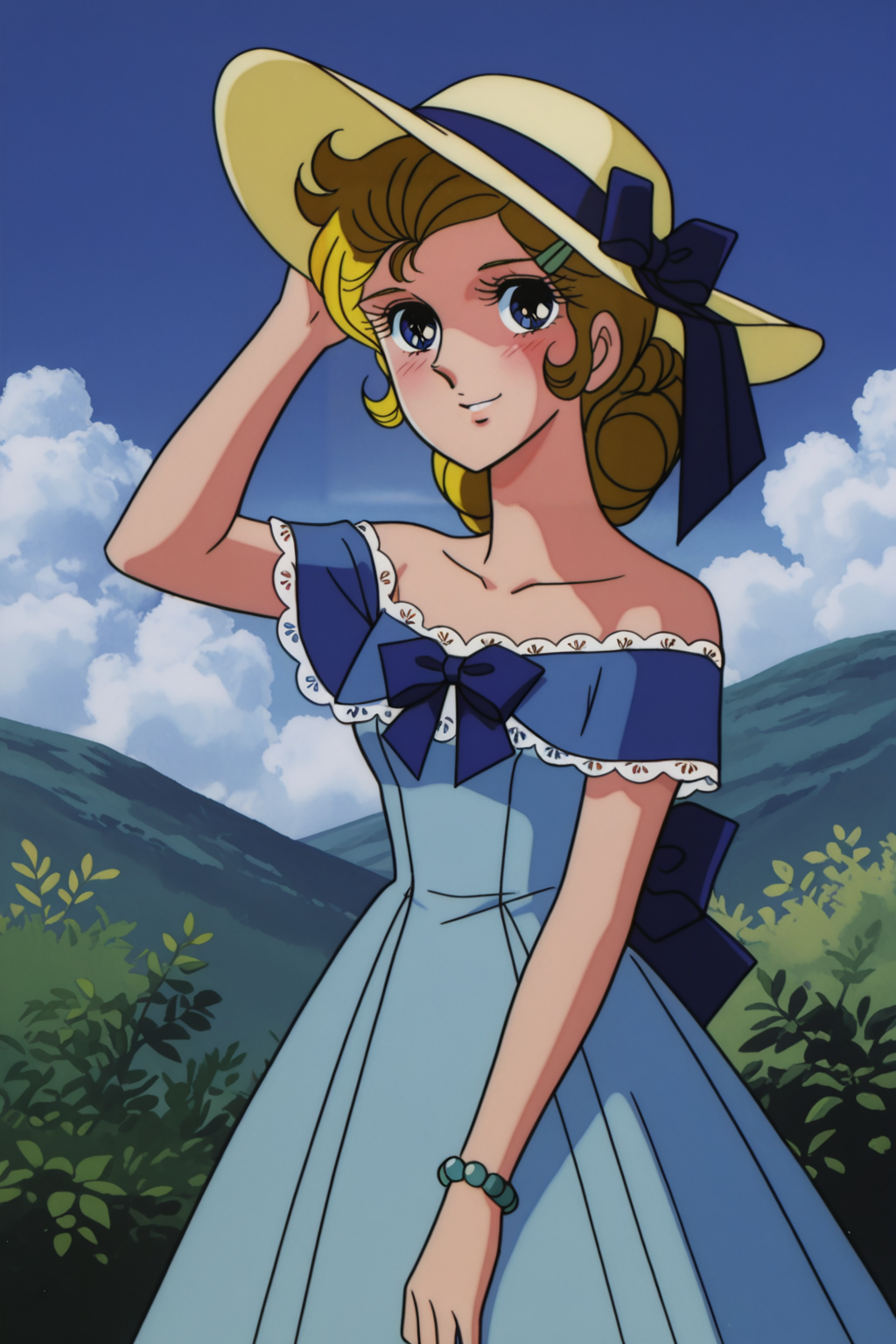 <lora:VersaillesnoBara:1>, VersaillesnoBara, retro artstyle, 1girl, dress, solo, hat, smile, bracelet, hair ornament, sun hat, jewelry, blue dress, collarbone, hairclip, lace trim, off-shoulder dress, lace-trimmed dress, looking at viewer, off shoulder, standing, lace, blush, hand on headwear, bare shoulders, bow, hat ribbon, ribbon, outdoors,