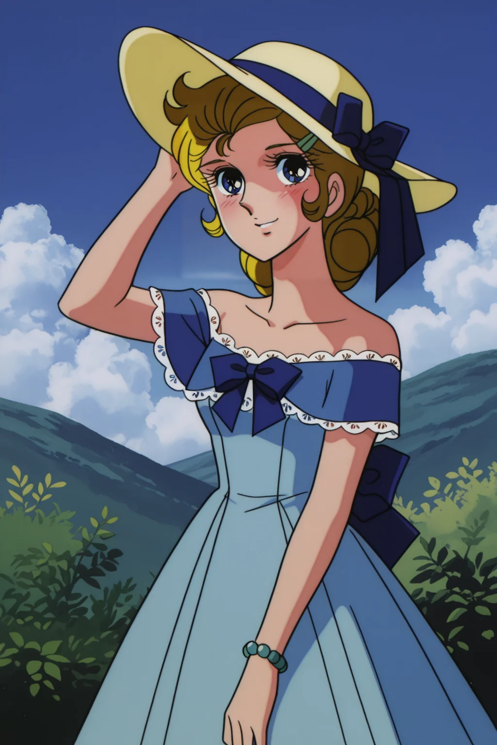 <lora:VersaillesnoBara:1>, VersaillesnoBara, retro artstyle, 1girl, dress, solo, hat, smile, bracelet, hair ornament, sun hat, jewelry, blue dress, collarbone, hairclip, lace trim, off-shoulder dress, lace-trimmed dress, looking at viewer, off shoulder, standing, lace, blush, hand on headwear, bare shoulders, bow, hat ribbon, ribbon, outdoors,