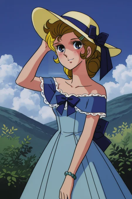 <lora:VersaillesnoBara:1>, VersaillesnoBara, retro artstyle, 1girl, dress, solo, hat, smile, bracelet, hair ornament, sun hat, jewelry, blue dress, collarbone, hairclip, lace trim, off-shoulder dress, lace-trimmed dress, looking at viewer, off shoulder, standing, lace, blush, hand on headwear, bare shoulders, bow, hat ribbon, ribbon, outdoors,