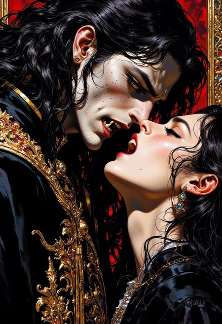 weibo, drawing, illustration retro 90's, Yoshitaka Amano, Ayami Kojima, chromatic aberration, detail, high contrast, cinematic view, volumetric lighting, perspective, (((close_up_face))), vampire_hunter, gothic_fantasy, long_black_hair, stoic_expression,dark_mysterious_aesthetic, opulent,dark_twilight,dramatic_lighting,high_contrast, eerie_atmosphere,fantasy_art,intense_gaze,dark_romantic, gritty_texture, melancholic_mood, thick_linework, surreal,cinematic, intense_detail,photorealistic,(sharp focus:1.3). A stylized character with a striking appearance. A Close-up focus is on he face of a character a tall, mysterious a vampire hunter open mouth with sharp, menacing fangs. with pale skin and a stoic expression. He has long, wavy black hair that cascades over his shoulders. The scene captures the intense expression as they are about to bite woman, showing their pale skin contrasted with the dark, wavy hair of their intended victim. Dramatic play of shadows and highlights, that emphasize a gothic horror atmosphere. The interier centered in an opulent and gothic-inspired room, adding a sense of foreboding and otherworldly beauty, echoing the elegance and decadence of the scene. The scene has a dramatic, high-contrast color palette, with deep shadows and highlights accentuating the hunter's stoic demeanor. The image is highly detailed, with a focus on the textures of his suit, the sharpness and the way his interacts with the woman.
DB4RZ, DB4RZ style painting
