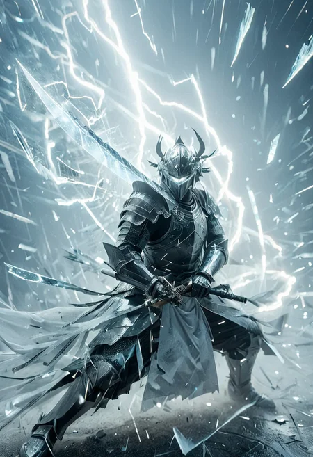 1man, armored samurai, Incoming sword, broken glass, reflection, glowing lightning slash, shatter, holding sword, glowing sword, motion blur, emphasis line, outdoor in the darkness, looking viewer,