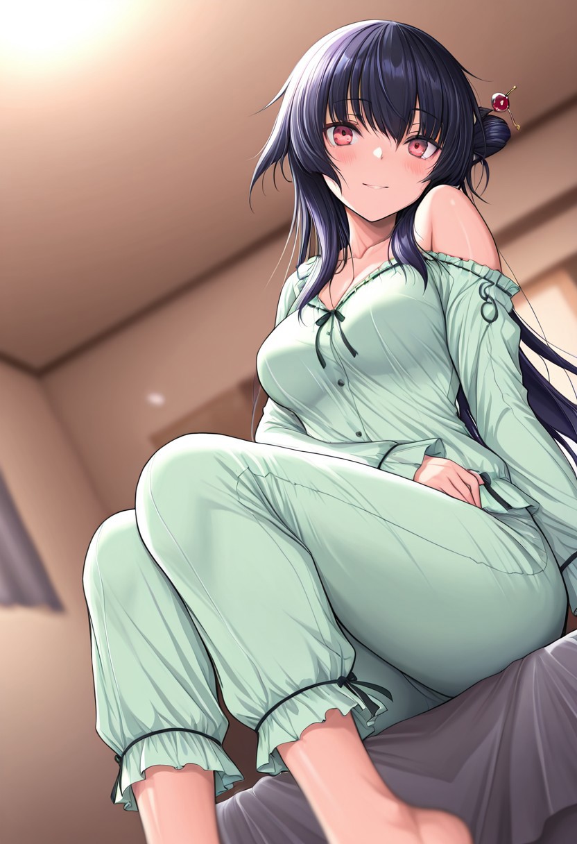 masterpiece, best quality, amazing quality, very aesthetic, high resolution, ultra-detailed, absurdres, newest, scenery,(depth of field:1.5),
(super fine illustration,professional quality,ultra high res), beautiful detailed eyes,
break
michiru_sawatari,
black hair, long hair, sidelocks, asymmetrical hair, one side up, red eyes,
hair stick,
michiru_pjm, 
light green pajamas, frilled pajamas, long sleeves,
1girl, solo,
medium breasts, shiny skin, 
blush, smile,
look at Viewer,
(dutch angle:1.3), (feet out of frame:1.3),