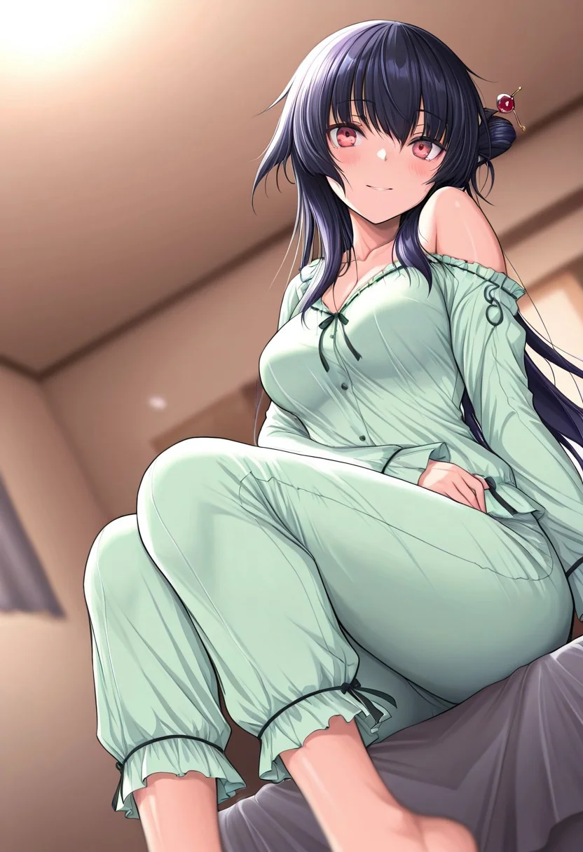 masterpiece, best quality, amazing quality, very aesthetic, high resolution, ultra-detailed, absurdres, newest, scenery,(depth of field:1.5),
(super fine illustration,professional quality,ultra high res), beautiful detailed eyes,
break
michiru_sawatari,
black hair, long hair, sidelocks, asymmetrical hair, one side up, red eyes,
hair stick,
michiru_pjm,
light green pajamas, frilled pajamas, long sleeves,
1girl, solo,
medium breasts, shiny skin,
blush, smile,
look at Viewer,
(dutch angle:1.3), (feet out of frame:1.3),