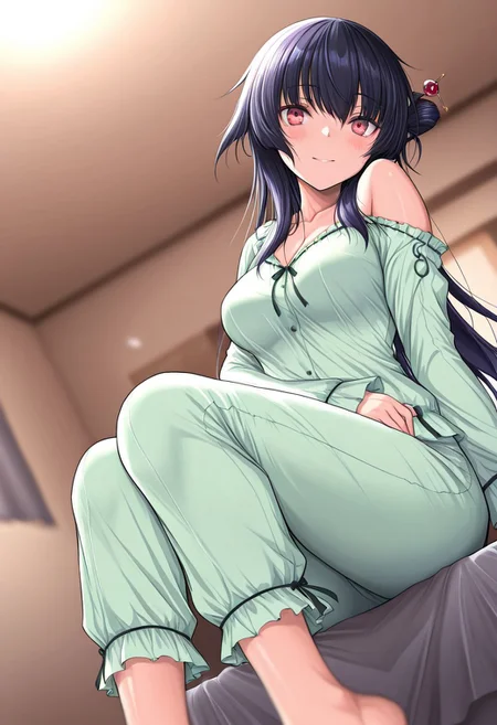 masterpiece, best quality, amazing quality, very aesthetic, high resolution, ultra-detailed, absurdres, newest, scenery,(depth of field:1.5),
(super fine illustration,professional quality,ultra high res), beautiful detailed eyes,
break
michiru_sawatari,
black hair, long hair, sidelocks, asymmetrical hair, one side up, red eyes,
hair stick,
michiru_pjm,
light green pajamas, frilled pajamas, long sleeves,
1girl, solo,
medium breasts, shiny skin,
blush, smile,
look at Viewer,
(dutch angle:1.3), (feet out of frame:1.3),