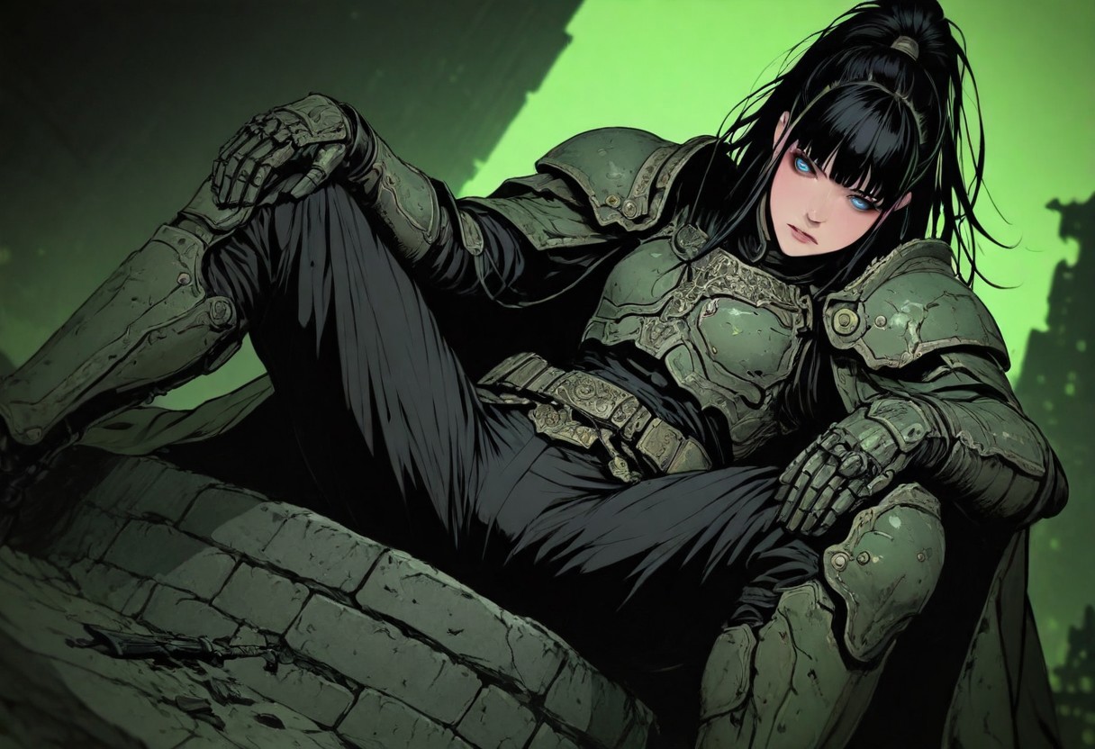 m4gicall1nes, hassaku_illu,sinozick_illu,in the style of cksc,, masterpiece,  depth of field, best quality, amazing quality, very aesthetic,very awa,
1girl, solo, sexy, cute, nordic facial features, 20 years old, 
heavy armor, metal armor, engraved armor, black hair, long hair, high ponytail, wind effect in hair, dark green armor, pale green armor, futuristic armor design, massive armor, look at viewer, bright blue eyes, glowign eyes, athletic, thicc,
black uniform over shoulders, military coat design, strict coat,
sits on the broken fundament,leans back against brick wall, spread legs, manly pose, leans on knees, broken sword in the ground, 
hi-tech with fantasy, futurism in magic world, cyberpunk style with warhammer influence, 
dutch angle, epic angle shot, wallpaper, from below, from side,
simple background, dark background, ruined cityscape, fantasy background,
(detailed outfit:1.4), (seamless:1.3), 
dark fantasy, dark dramatic palette, dim lit, contrast lit, shade, dappled moonlight, 
<lora:ck-shadow-circuit-IL:0.6> <lora:illustriousXLv01_stabilizer_v1.121:0.3> <lora:iLLMythM4gicalL1nes:0.35> <lora:HassaKu_style:0.4> <lora:Sinozick_style:0.15>