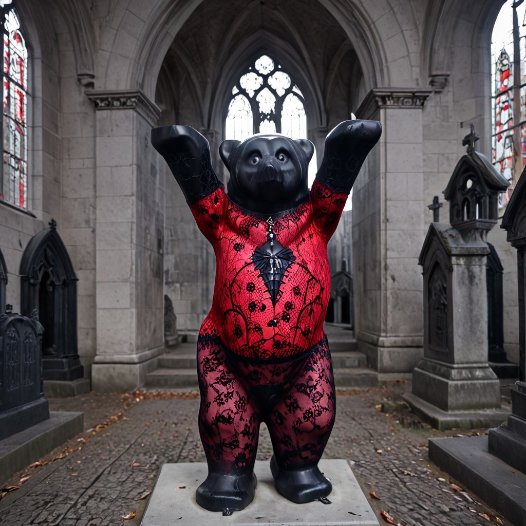 buddy Bear in Berlin,
best quality, photo of a buddy Bear, BuddyBear, 
Berlin BuddyBear, sightseeing in Berlin, 
Dark, mysterious Bear sculpture, made of red and black lace BuddyBear, 
lace, vampire goth buddy Bear, 
lace material BuddyBear, gothic style buddy Bear, intricately detailed. 
Crypt background in the church, blurry gothic church background, blurry background