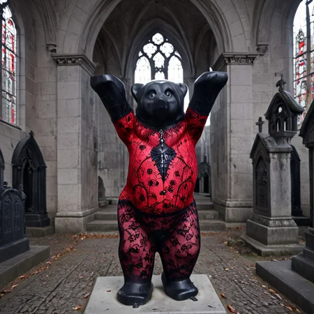 buddy Bear in Berlin,
best quality, photo of a buddy Bear, BuddyBear, 
Berlin BuddyBear, sightseeing in Berlin, 
Dark, mysterious Bear sculpture, made of red and black lace BuddyBear, 
lace, vampire goth buddy Bear, 
lace material BuddyBear, gothic style buddy Bear, intricately detailed. 
Crypt background in the church, blurry gothic church background, blurry background