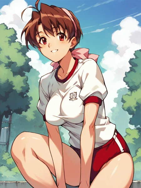 score_9, score_8_up, score_7_up, source_anime, uncensored, 1girl, <lora:Fuko_Kuzuha_PDXLv0:0.5> fuko kuzuha, gym uniform, smile, aged up, large breasts, red buruma, solo, outdoors