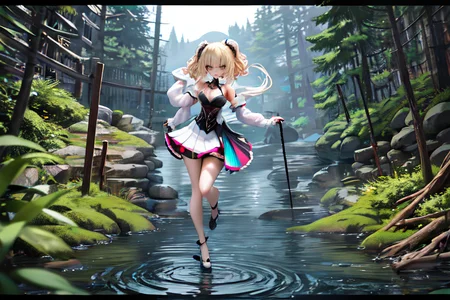 highly insanely detailed, masterpiece, top quality, best quality, highres, 4k, 8k, RAW photo, (very aesthetic, beautiful and aesthetic),  
(rsef style,fevercell style),energy_auras, 
<lora:rsef-000225:0.8>, 
(1girl:1.3), 
1other, 
female young adult, agile, middle easterner, dark brown eyes, downturned ears,  square chin with cleft,    square face shape with angular jaw, graceful arch of the foot,  high cheekbones, ash blonde shag haircut hair, contempt wearing  flared jumpsuit, sateen    abstract crossover top, oxford shoes,  ,, one hand raised, seeking attention,    form-fitting upper body clothing, mock neck, quantum lace, techno organic texture,  raglan sleeves, mini length, high waist, slit details,,light wash,,closure type, loose-fitting lower body clothing, electroluminescent silk, barcode pattern, velvet, oversized fit, high waist, allover print,detachable train, corset closure,,train,abstract    brocade    white wrap-around skirt, green    toile    rayon blazer,   , 
, 
very short hair,choppy crop hair,mermaid waves hair,long bob hair,french twist hair,flowing hair,wild hair,flipped hair, 
, 
north american,wide,creek,waterfall,fallen tree, 
,âââ