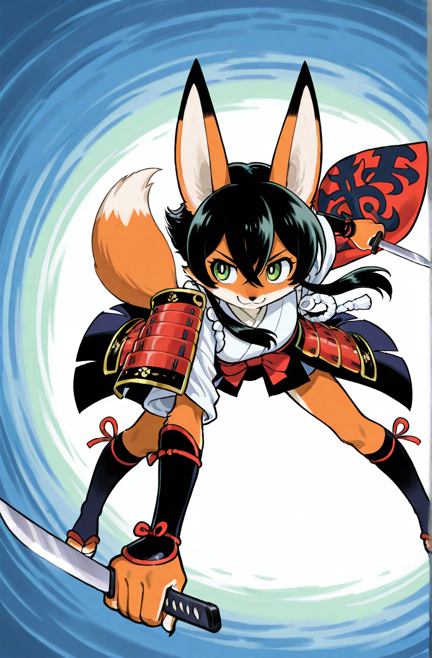 (anthro fox girl:1.5),black hair,green eyes,dynamic pose, perspective
hair between eyes,zPDXL3,solo, japanese armor, light smile,holding japanese knife, 
<lora:Perfect Hands:1> <lora:age_slider_v4:-1>
<lora:Tezuka_Osamu:0.9>tezuka osamu, score_9, score_8_up, score_7_up, score_6_up, score_5_up, score_4_up,zPDXL