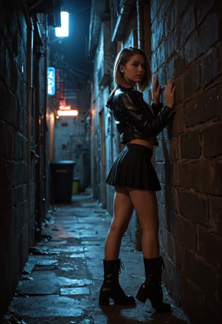 score_9, score_8_up, score_7_up, (masterpiece, best quality, ultra-detailed, realistic), 1girl, punk fashion, short pleated skirt, black leggings, black boots, leaning against wall, moody atmosphere, dark alley setting, neon lighting, rich fabric textures, urban grit, detailed expression, cinematic lighting, dynamic angle, photorealistic, attitude, cool tones, street edge, night scene, soft neon glow