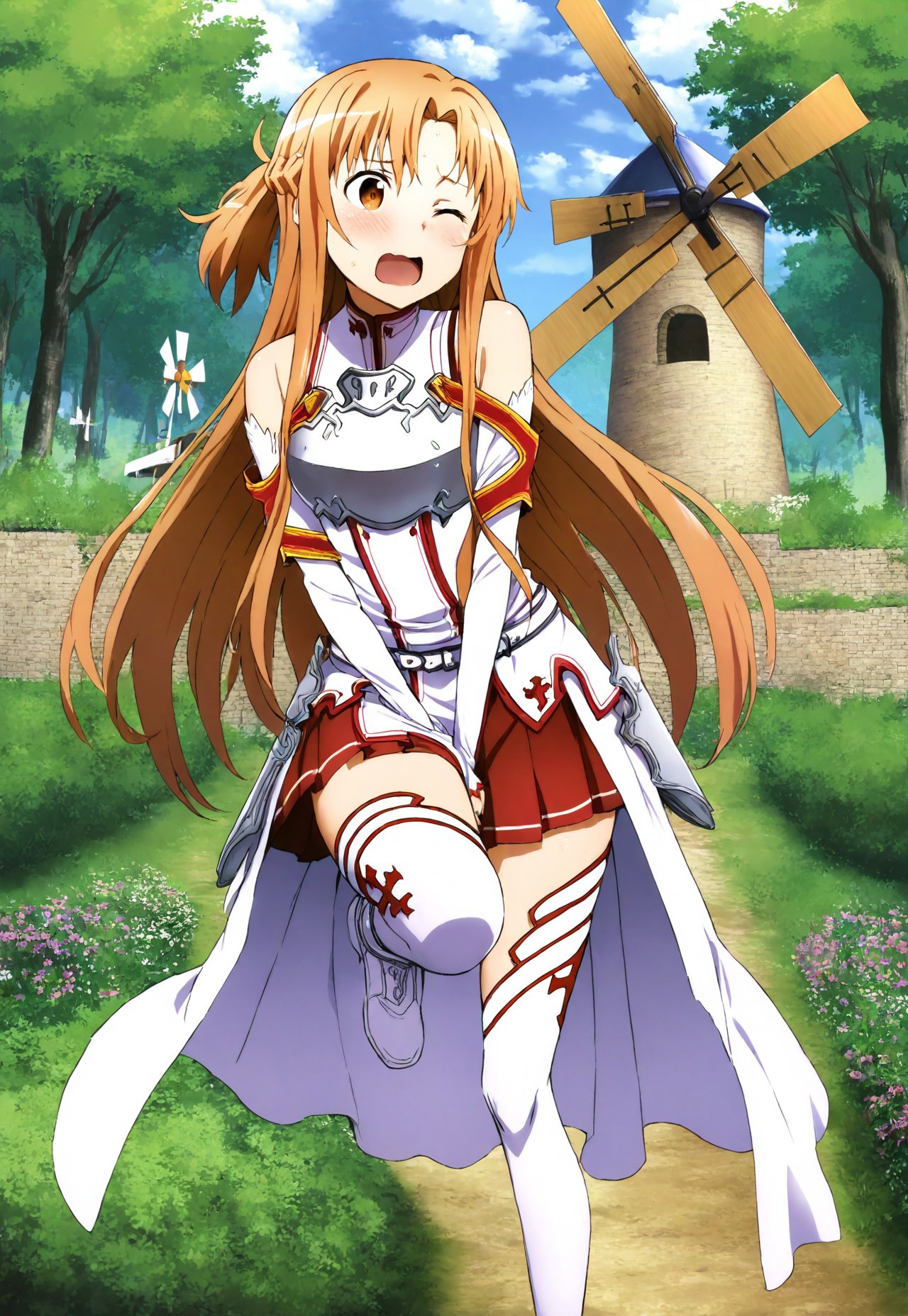safe_pos, masterpiece, best quality, rating_3, 1girl, solo, asuna_\(sao\), long_hair, skirt, red_skirt, detached_sleeves,  windmill, white_thighhighs, brown_hair,  brown_eyes, breastplate, solo, pleated_skirt, miniskirt, white_belt, holding crotch, desperation, running, nervous, panicking, one eye closed outdoors, nature, bushes