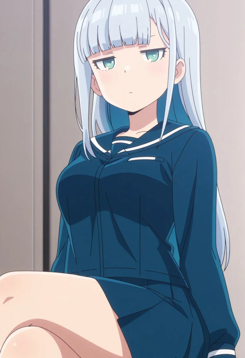 Masterpiece , best quality , amazing quality , anime screencap , blue shirt , blue skirt , cowboy shot , sitting , crossed legs , looking at viewer 1girl , long hair , blunt bangs , grey hair, green eyes, sidelocks, blue hair , blue serafuku , medium breasts , portrait , looking at viewer , blue eyes , jitome