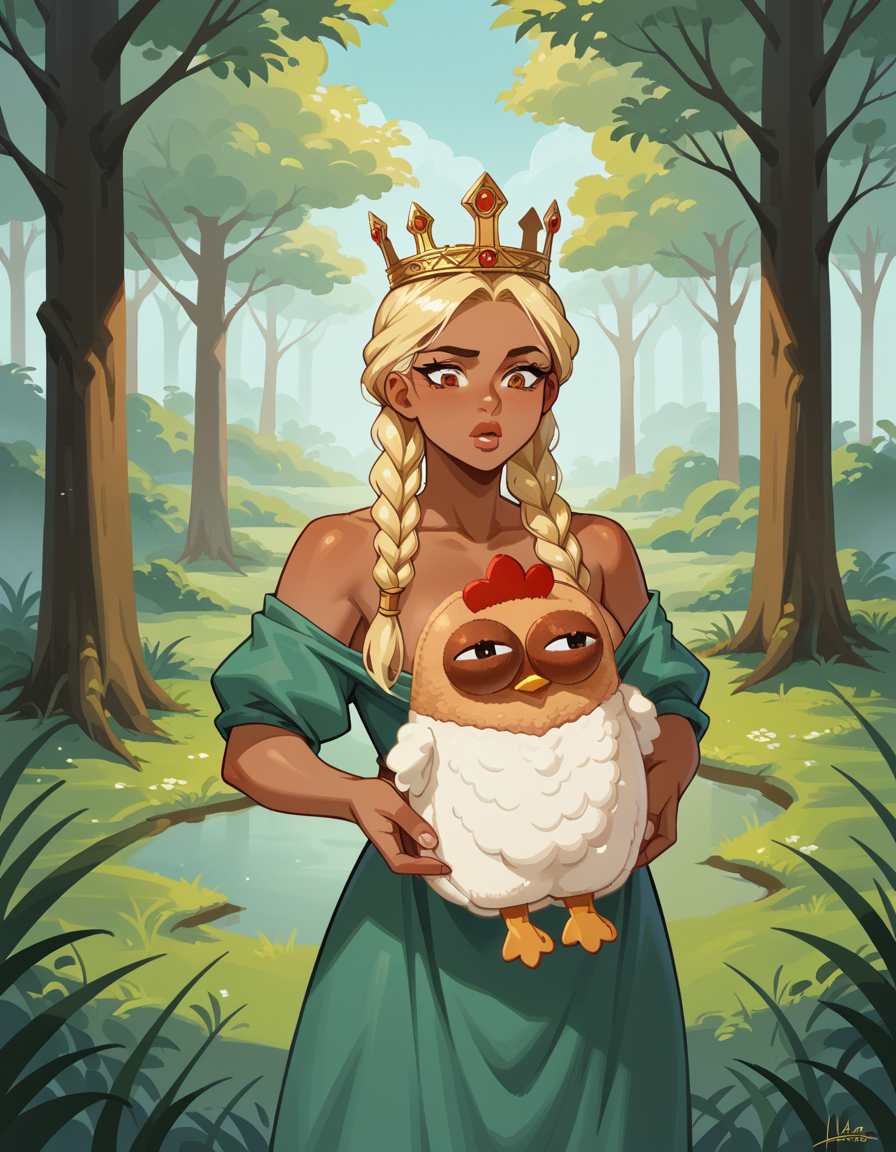 score_9, score_8_up, score_7_up, score_6_up, score_5_up, score_4_up, hud_br00m, 1girl, solo, Generate a stunning, best quality masterpiece, Hoplite Armor, Enigma, Tall, Slim, Round Face, Dark Skin, Blonde Hair, amber Eyes, [[Curved Nose]], Full Lips, Round Chin, Shoulder-Length Hair, Thick Hair, Triple Braided Crown, soft breasts, , gloss sheer lipstick, An ancient forest shrouded in mist, where the branches of the trees intertwine like the ribs of a cathedral in the sky,  hud_ch1cken_purs3, holding animal, chicken, <lora:purse:0.7>