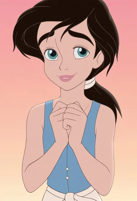 close up,melody,aqua eyes,black hair, ponytail,pink lips,smile,thick eyebrows,arms down,hands down,five fingers,blue shirt,sleeveless,white hairband,blue pantaletts,beach background