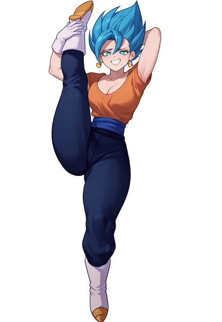 score_9, score_8_up, score_7_up, score_6_up, lady vegetto blue, blue hair, blue eyes, spiked hair, super Saiyan blue, earrings, dark blue dougi, blue obi, orange undershirt, smug, boots, white gloves, 1girl, solo, slim waist, thick thighs, standing on one leg,standing split,leg hold,leg lift, full body, bedroom