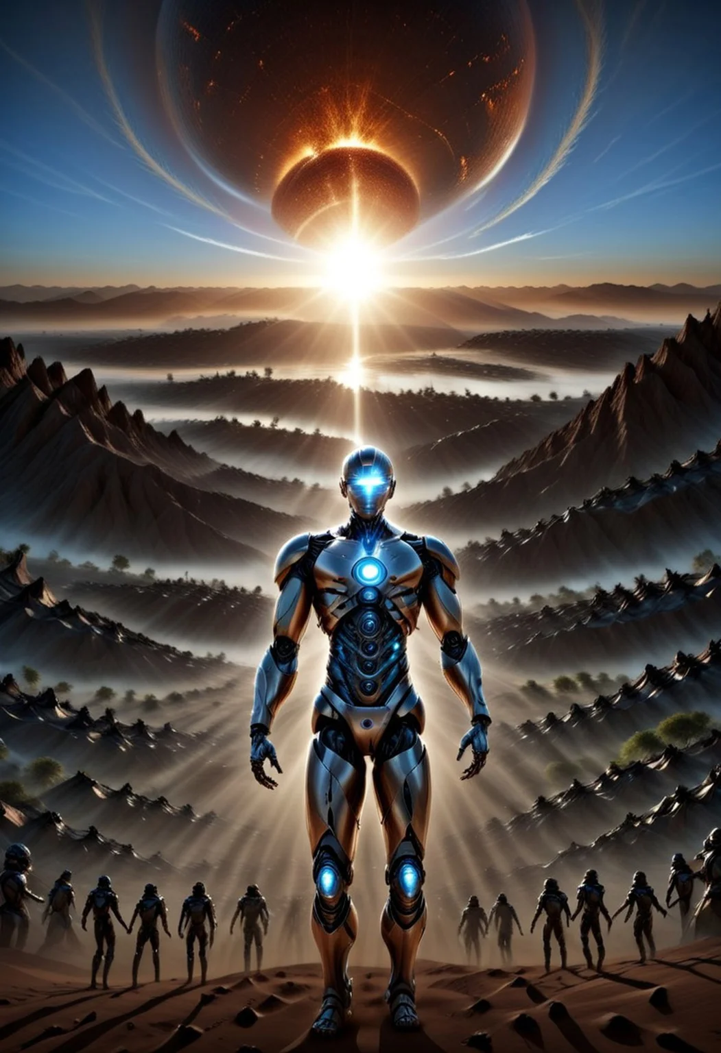 realistic image with morning high quality on the subject of the world ruled by artificial intelligence in the future, visualization of the life of people ruled by AI,super realistic image with high quality and sharp focus on 5 earth element theme as 5 element expresses life