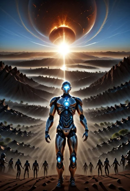 realistic image with morning high quality on the subject of the world ruled by artificial intelligence in the future, visualization of the life of people ruled by AI,super realistic image with high quality and sharp focus on 5 earth element theme as 5 element expresses life