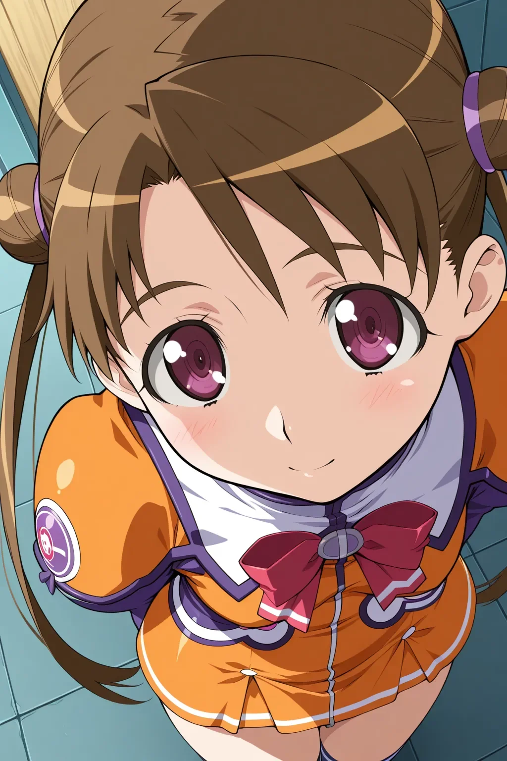 masterpiece, best quality, stellvia_katase_shima_ilxl, 1girl, solo, <lora:stellvia_katase_shima_ilxl:0.9>, orange shirt, orange skirt, from above, looking at viewer, from front