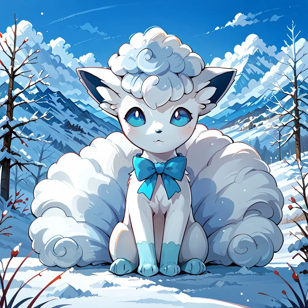WOMAN, Furry, White Fur, 1girl, Solo, Cute, Fur Pawn, , score_10, score_9_up, score_8_up, alolan_vulpix, blue eyes, feral, snow, bow, outdoor, sitting