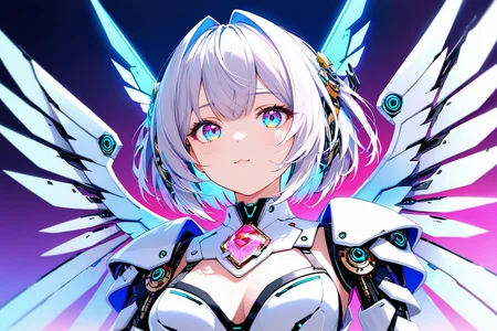 Jed-rbt, seraph, 1girl, cinematic angle, :3, looking at viewer, scifi hair ornaments, energy hair, brooch, mechanical wings, screws, cables, led lights, glowing, Futuristic, chromatic aberration, Kawaii, [(blue-white background:1.2)::0.2], (neon luminescence background:1.2), illustration, incredibly absurdres, ultra detailed, masterpiece, best quality,[<lora:detailed_notrigger:0.95>::0.5], [:<lora:detailed_hands:1.05>:0.5],<lora:RoboStyle:1>