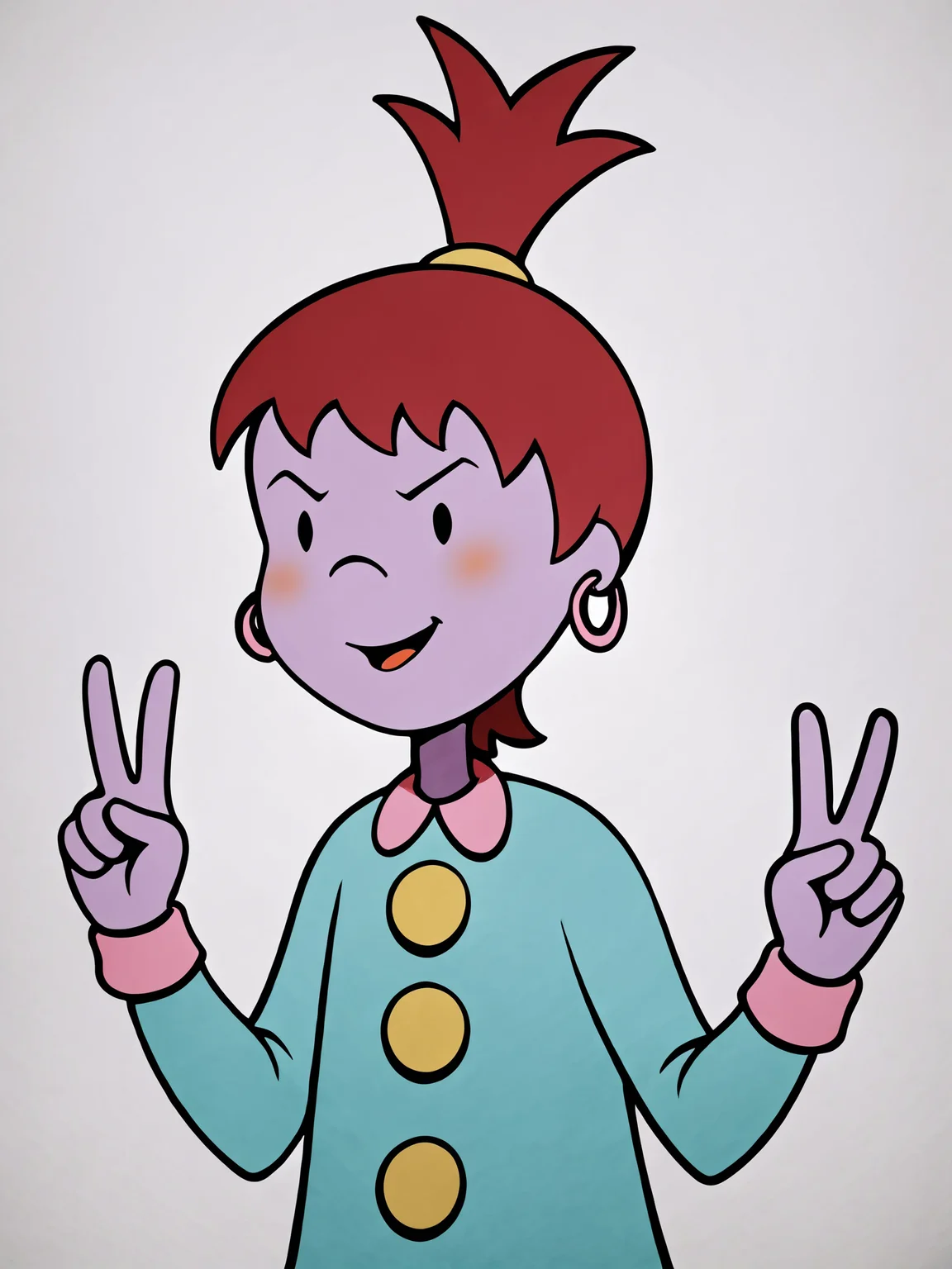 score_9, score_8_up, score_7_up, score_6_up, score_5_up, source_cartoon, masterpiece, high quality, BREAK, white background, 1girl, <lora:Beebee_Bluff_PDXLv1:0.8> beebe bluff, hoop earrings, green dress with yellow buttons, double v:1.2,