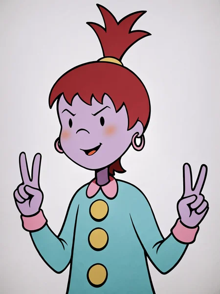 score_9, score_8_up, score_7_up, score_6_up, score_5_up, source_cartoon, masterpiece, high quality, BREAK, white background, 1girl, <lora:Beebee_Bluff_PDXLv1:0.8> beebe bluff, hoop earrings, green dress with yellow buttons, double v:1.2,