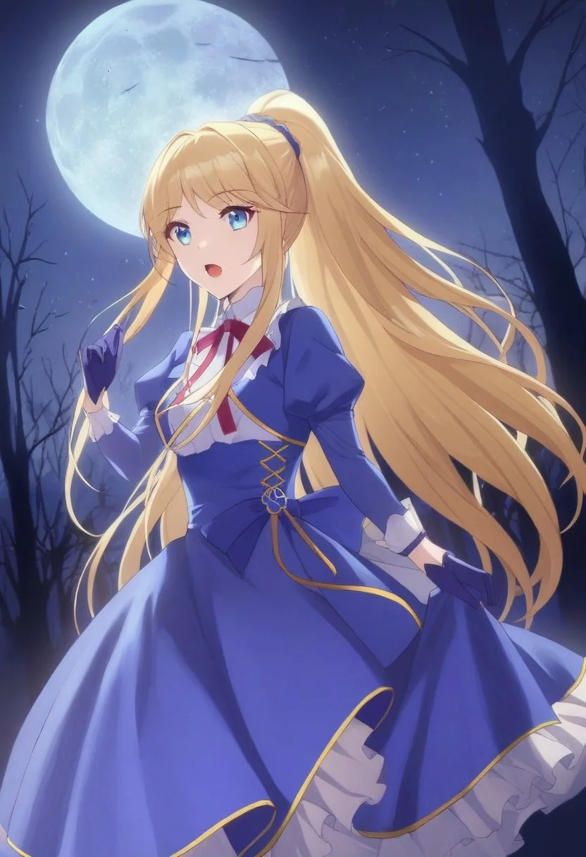 ((masterpiece)), ((best quality)), high detailed, ultra-detailed, intricate details, detailed, fit, small breasts, (moonlight night background), night, (moon), open mouth, LP_aileen, 1girl, blonde hair, blue eyes, long hair, ponytail, bangs, blue dress, gloves, puffy sleeves, ribbon, cross-laced footwear, night, landscape