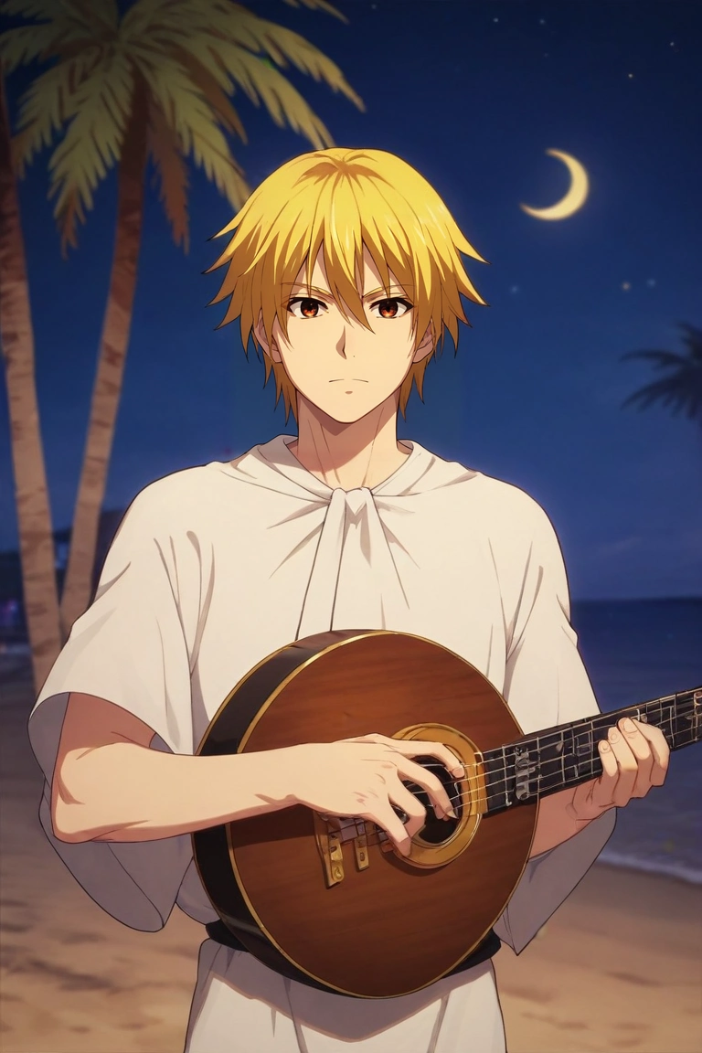 score_9, score_8_up, score_7_up, , rating_safe, intricate details, (realistic:0.6), , depth of field, 1boy, solo, male focus, <lora:keita_torii_pony:0.92>, keita_torii, blonde hair, brown eyes, rule of thirds, beach, palm tree, towel, night, crescent moon, holding instrument, :\3, , <lora:sdxl_lightning_8step_lora:1>