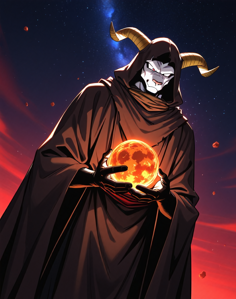 <lora:Moro_Hooded_Form_(Dragonball_Z)_(Illustrious)_(AD):1.35> Moro, hooded cloak, goat, 
dutch angle, exterior, outer space, asteroid field, 
male focus, gradient coloring, solo, cowboy shot, soft shading, old, aged up, dark picture, tattered brown cloak, in the style of the anime Dragonball Z and Dragonball Super, evil villain, 
BREAK very awe, aesthetically pleasing, masterpiece, best quality, amazing quality, very aesthetic, perfect depth of field shot, in'ei, furry_art, source_furry, source_anime,
EZRealPONYXL, zPDXL, Smooth Quality, lazympos, IllustQualXL_Pos,