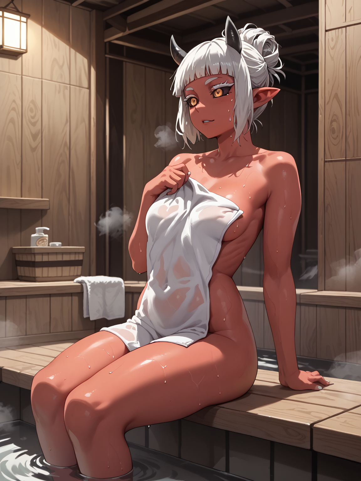score_9, score_8_up, score_7_up, score_6_up, score_5_up, score_4_up, detailed eyes, beautiful eyes, <lora:PONYXL_FD-MegaBreastPack:0.7> <lora:Demon Merchant:1> DmnMerch, demon, red skin, pointy ears, black sclera, orange eyes, marks under eyes, white hair, blunt sidelocks, blunt bangs, hair bun, horns, short eyebrows, white eyebrows, white eyelashes, thick eyelashes, full body shot, legs, <lora:PonyXL Action - towelPony:1> naked towel, bath towel, sauna, steam, sitting, leaning back, sweaty, sweating, sweaty skin,