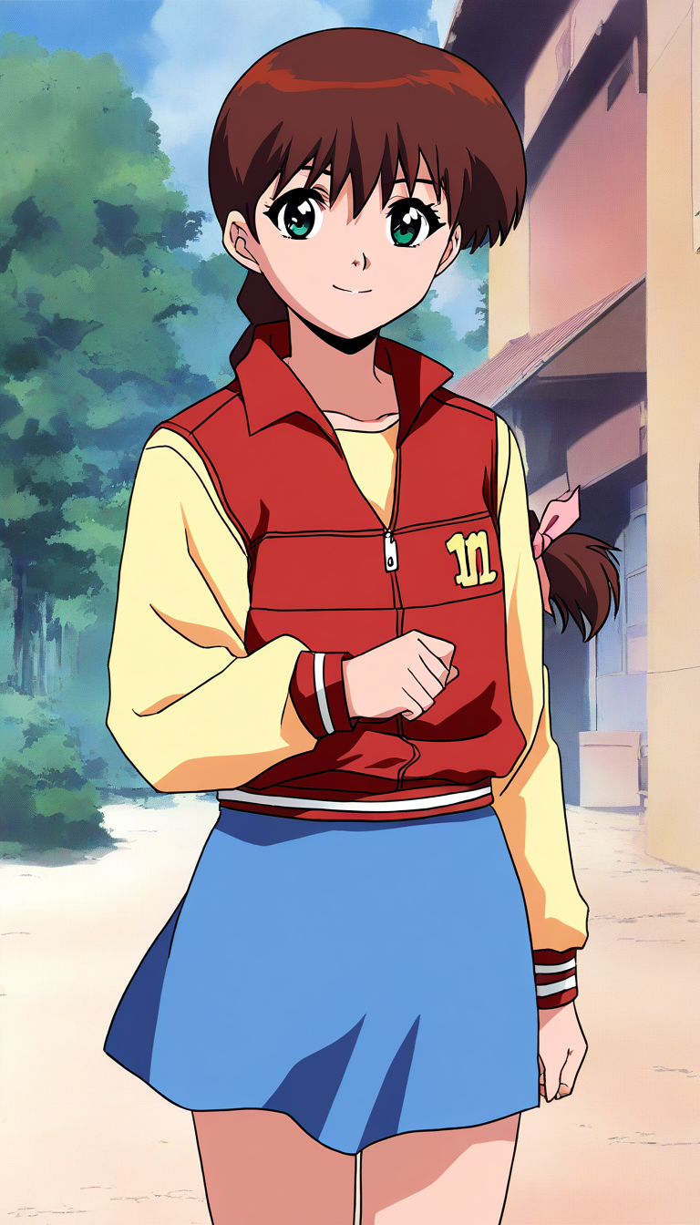 masterpiece, best quality, good quality, <lora:Miyanoshita_Satsuki_IS:1>
Miyanoshita_Satsuki, 1girl, brown hair, green eyes, single braid, long hair, bangs, 
blue skirt,red vest,Yellow long sleeves,
 anime coloring,  day, outdoor,
smile,looking at viewer, cowboy_Shot,