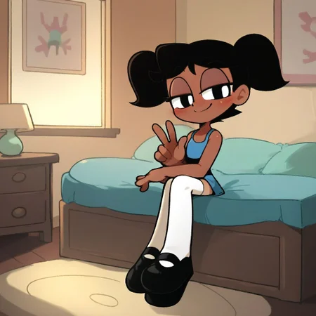 score_9, score_8_up, score_7_up, score_6_up, score_5_up, score_4_up, BREAK, source_anime, connie_maheswaran, indoors, short twintails, black hair, small breasts, black footwear, white thighhighs, smile, smug, blush, blue top, sleeveless, blue miniskirt, peace sign, pantsless, powerpuff, dark-skinned female, 1girl, sitting, indoors, living room, on bed,