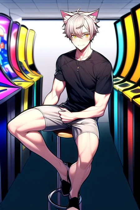 (masterpiece, intricate:1.3), (best quality, hires textures, high detail:1.2), (4k) 1boy, adult male, man, cat ears, no human ears, short hair, silver hair, yellow eyes, cargo shorts ,tee shirt, sitting on a stool, at an arcade
