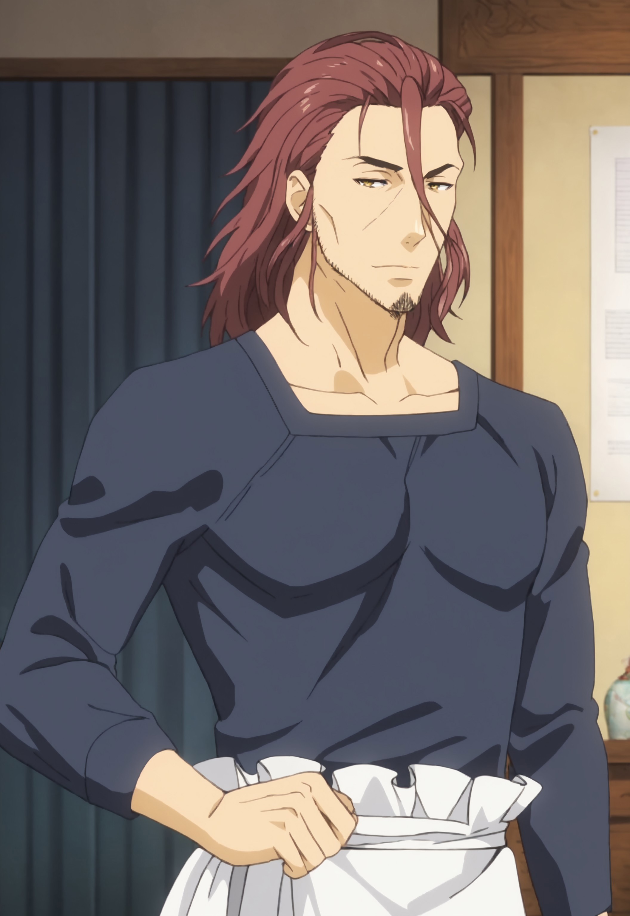 safe_pos, safe_pos, score_9, score_8_up, rating_nsfw, ultra hd, absurdres, best quality, ultra quality, masterpiece, masculine, solo, 1boy, male focus, best anatomy, best eyes, detailed eyes, best hands, erotic, gay porn, hand with five fingers, mature male, anime screencap

FoodJoichiro, stubble, facial hair, long hair, red hair, dark blue shirt, waist apron, amber eyes, looking at viewer, half body, Expressiveh