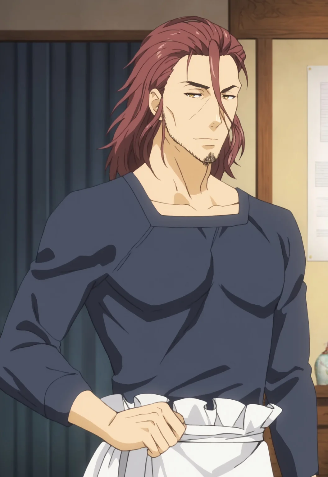 safe_pos, safe_pos, score_9, score_8_up, rating_nsfw, ultra hd, absurdres, best quality, ultra quality, masterpiece, masculine, solo, 1boy, male focus, best anatomy, best eyes, detailed eyes, best hands, erotic, gay porn, hand with five fingers, mature male, anime screencap
FoodJoichiro, stubble, facial hair, long hair, red hair, dark blue shirt, waist apron, amber eyes, looking at viewer, half body, Expressiveh