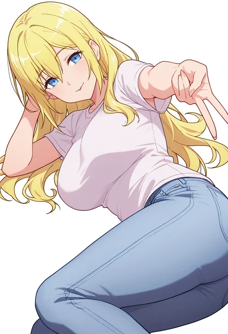 Smooth Quality,masterpiece,very intricate, high quality details, ultra realistic, high detailed skin,detailed enviorement,absurdres,
gyaru v,solo,
 <lora:Enome_CNR:0.8> enome_cnr, blonde hair, blue eyes, long hair, large breasts, hair between eyes,, simple background, white background, from above,
lying on side, one arm supporting head, relaxed legs, soft smile, casual vibe,  ,, . .,, t-shirt, ,fur-trimmed jacket,  ,jeans, ,