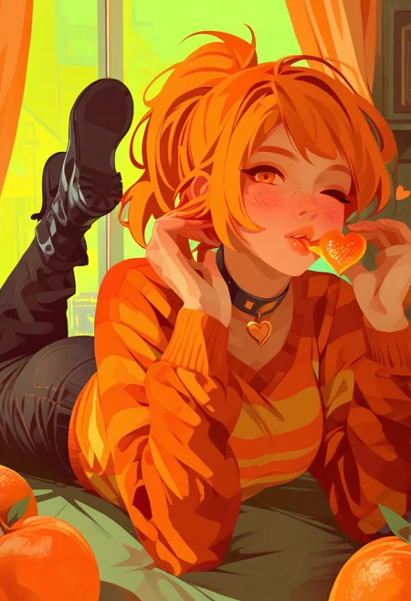 Score_9, score_8_up, score_7_up, score_6_up, score_5_up, score_4_up, 1girl, freckles, blowing kiss, solo, one eye closed, pants, heart, boots, on stomach, indoors, lying, puckered  food, looking at viewer, orange \(fruit\), ponytail, striped clothes, orange hair, sweater, black pants, window, the pose, black footwear, breasts, blush, orange eyes, long sleeves, feet up, collar, shirt, medium breasts, curtains, fruit brown eyes, choker,, zPDXL3, detailxl,  Score_PnyReal, (lineless:1.5)