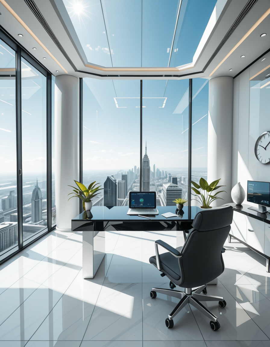 A modern, luxurious executive secretary's office located at the top floor of a futuristic skyscraper. The office has floor-to-ceiling glass walls offering a breathtaking panoramic view of a bustling metropolis under a clear blue sky. Inside, the design is ultra-minimalist and high-tech, with sleek white furniture, a glossy black desk with an integrated digital interface, and an ergonomic designer chair in matte gray leather. There are a few elegant green plants strategically placed for a touch of nature. A thin holographic screen hovers above the desk, displaying schedules and emails. The lighting is bright but soft, coming from recessed LED strips in the ceiling and natural sunlight pouring in. The atmosphere feels calm, professional, and cutting-edge, reflecting the spirit of a powerful tech company. In the background, a subtle artistic sculpture and a minimalist clock complete the decor.
<lora:SDXLFaeTastic2400:0.4> <lora:extremely_detailed:0.4> extremely detailed,secretary 0ff1c3, <lora:secretary_0ff1c3_r1-i:1>, Masterpiece,best quality,hi res,8k,hi res,8k,award winning,(sharp focus, intricate, highly detailed),