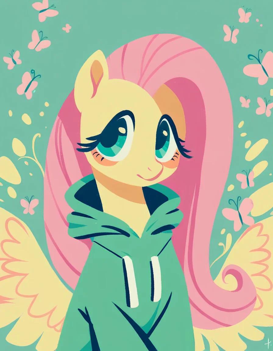 score_9, score_8_up, score_7_up, score_6_up, score_5_up, score_4_up, rating_safe, minimalist lineless art, pony, fluttershy, (wearing a green hoodie)