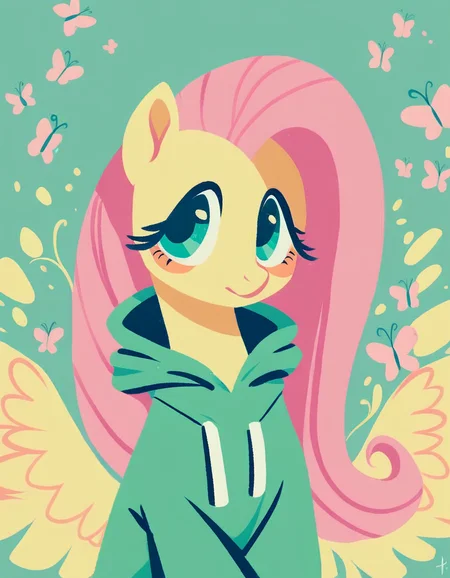 score_9, score_8_up, score_7_up, score_6_up, score_5_up, score_4_up, rating_safe, minimalist lineless art, pony, fluttershy, (wearing a green hoodie)