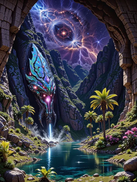 extremely detailed alcohol ink and watercolor painting on rough watercolor paper, pulp aesthetic, the composition follows the golden ratio, the focus is a beautiful, sublime, mammoth, primordial creature with a long neck, faintly crimson glowing eyes and overlapping iridescent shimmering blue-green scales in a lush, paradisiacal oasis, teeming with life, hidden within a barren badlands valley of an alien planet, under an awe-inspiring otherworldly night sky illuminated by a vibrant galactic nebula, the oasis sits at the valley's heart, its still waters reflect the cosmos above, vibrant foliage in deep greens, blues, and purples surrounds the water, contrasting against the rough, jagged stone of the valleyâs cliffs, the cliffs loom over the oasis, their rocky surfaces weathered and etched with time, casting deep shadows and adding a sense of isolation, at the center of the oasis, a towering primordial creature drinks from the spring, its ancient form dominating the wildness of the oasis, a rare sight, it stands as a guardian of this secluded paradise, adding an air of mystery and awe, the creature is gigantic, with a powerful yet graceful form, its iridescent scales reflecting subtle hints of the nebulaâs colors, its posture is calm, exuding a sense of ancient wisdom, with crimson glowing eyes hinting at awareness of its surroundings, slightly elevated, wide-angle shot, capturing both the oasis in full view and the surrounding badlands cliffs, emphasizing the oasis's lushness against the desolate valley, diffused, cosmic lighting from the nebula bathes the scene in a surreal glow, casting hues of violet, blue, and pink across the oasis, the light is soft and mystical, with subtle reflections and shimmers on the water, dappled illumination creates pockets of light and shadow on the creature's form and the lush foliage, contrasting with the deep shadows along the cliff walls, exaggerated color contrasts between the vibrant oasis and the dark valley stone, highly atmospheric, masterful composition, mystical, otherworldly, in the style of ck-ovf, <lora:epic_gorgeous_details-balance-flux-by_flyway:0.76> <lora:style-oneviolentfantasy-ep21-flux-by_chronoknight:0.88>