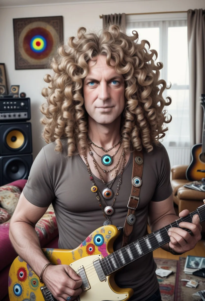 Man aged 40, collar-length big curly hair, hippy, necklace with eyeball design, dirty living room, guitars