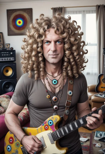 Man aged 40, collar-length big curly hair, hippy, necklace with eyeball design, dirty living room, guitars