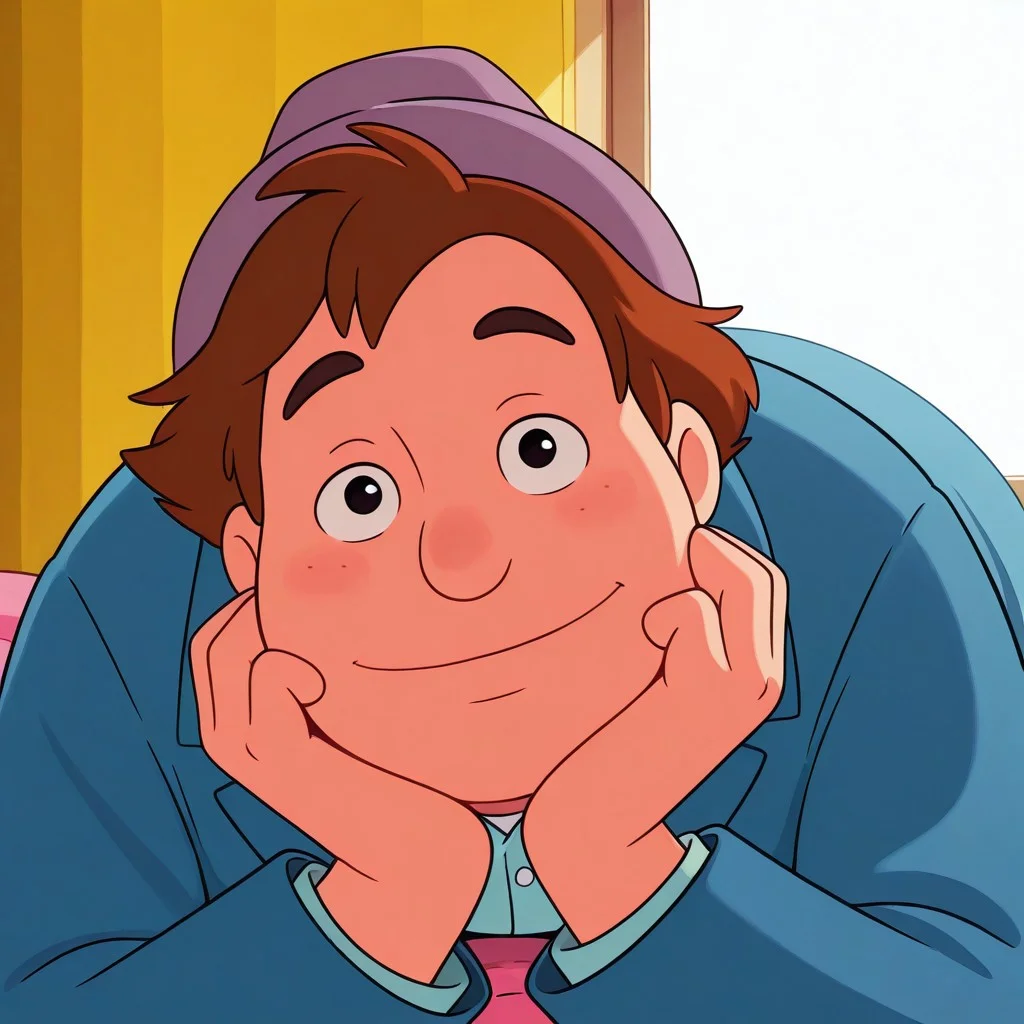 colorful, vibrant, very aesthetic,
masterpiece, best quality, detailed background, absurdres, high quality,
cp-birdie, 1boy, toon \(style\), solo,
, fedora hat, blue coat, close-up, light smile, hands on own cheek, on stomach, looking at viewer, straigt-on,
