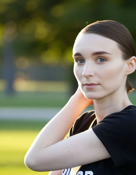 score_9, score_8_up, 1girl, rooney mara, wearinga a black band shirt, upper body shot, at a park,  Bokeh, Golden Hour, raw <lora:dmd2_sdxl_4step_lora_fp16:1> <lora:rooney-mara-bd:1>