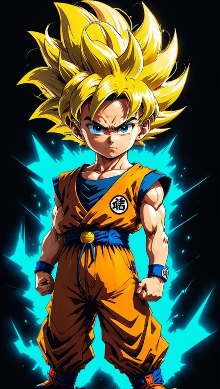 Cyberpunk style, (cel-shading style:1.3), centered image, ultra detailed illustration of Son Goku when was a kid, posing, (tetradic colors), inkpunk, (ink lines:1.1), strong outlines, art by MSchiffer, bold traces, unframed, high contrast, (cel-shaded:1.1), vector, 32k resolution, best quality, flat colors, flat lights<lora:xl_more_art-full_v1:0.5> <lora:leonardo_illustration:0.6>